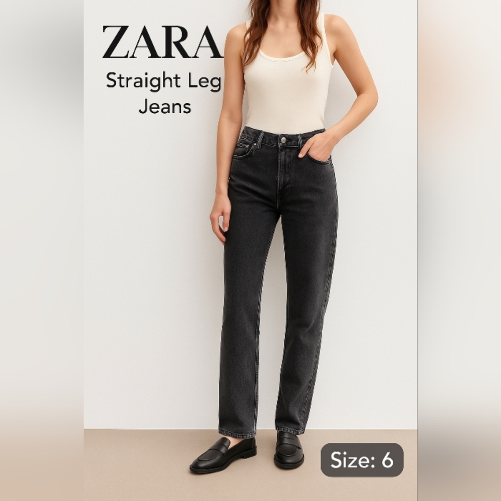 Zara Women's Washed Black Straight Leg Jean  Cotton Elastane Size 6